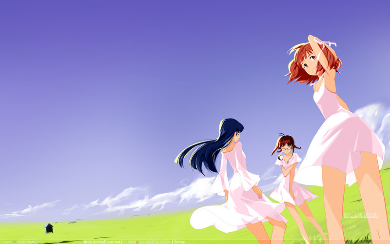 Three Girls in a Field — Green, Serene, Afternoon, Anime, Grass Field