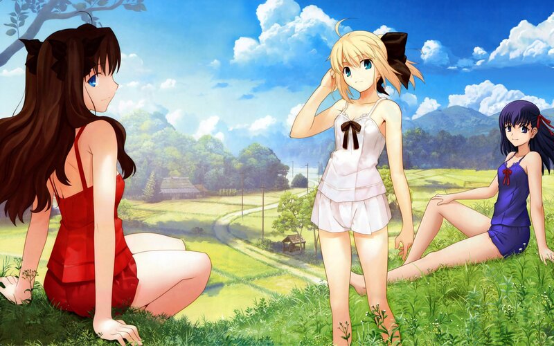 Three Girls in a Field — Green, Serene, Afternoon, Anime, Grass
