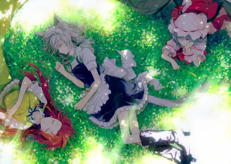 Three Girls in a Field — Green, Serene, Afternoon, Anime