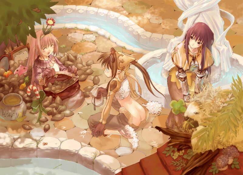 Three girls in a garden scene
