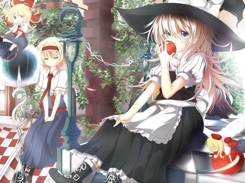Three girls in a garden scene