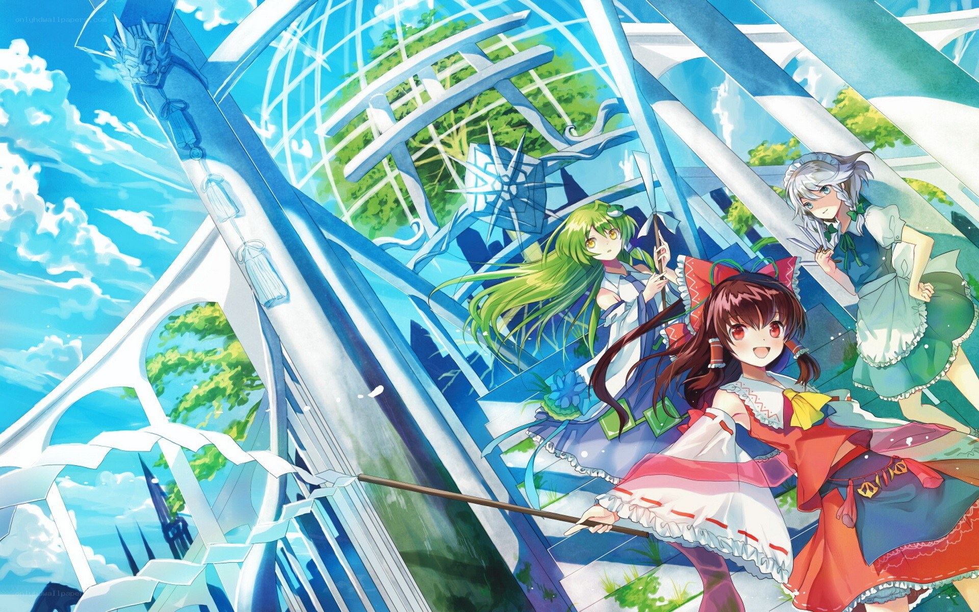Three girls in a glass structure