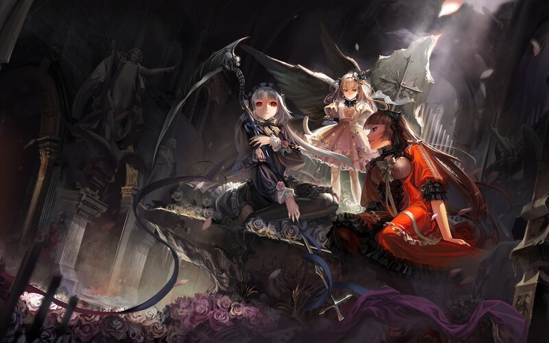 Three girls in a gothic cathedral