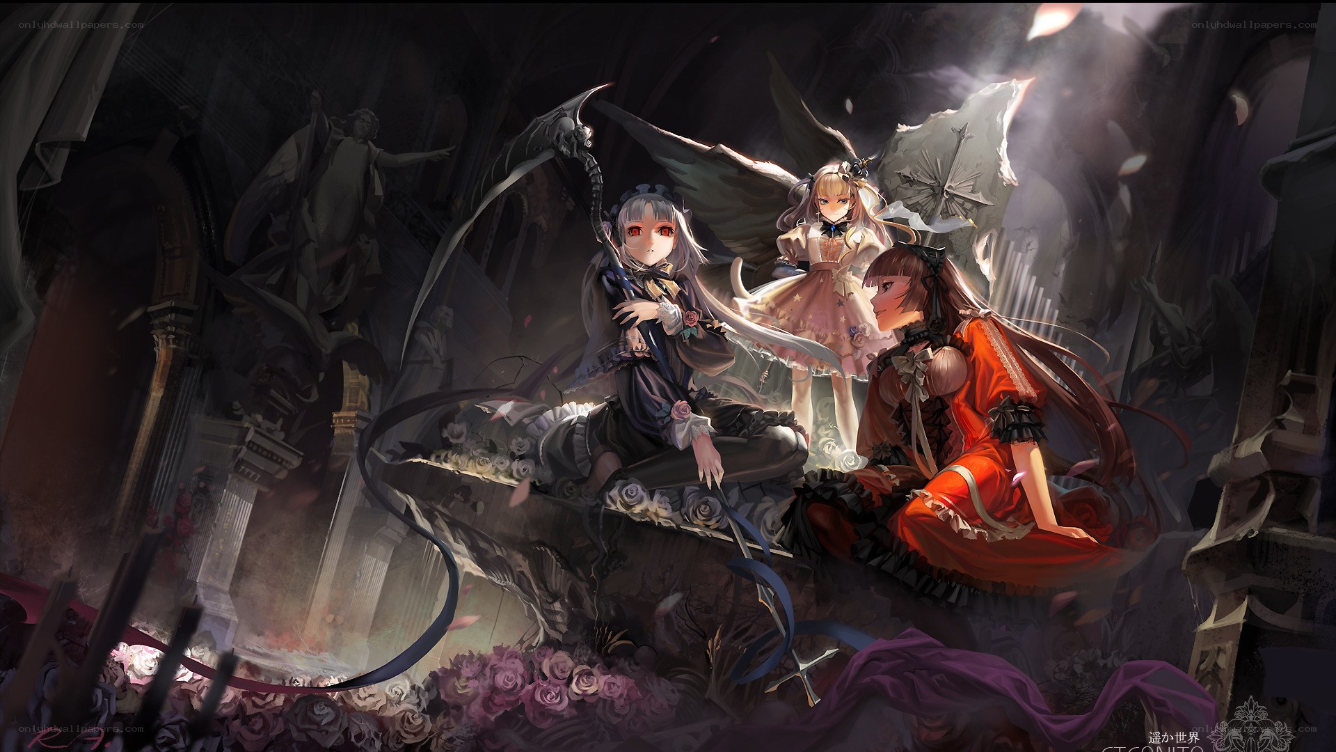 Three girls in a gothic cathedral