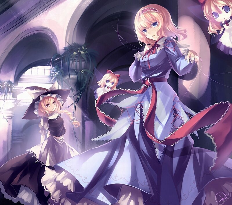 Three girls in a gothic hall