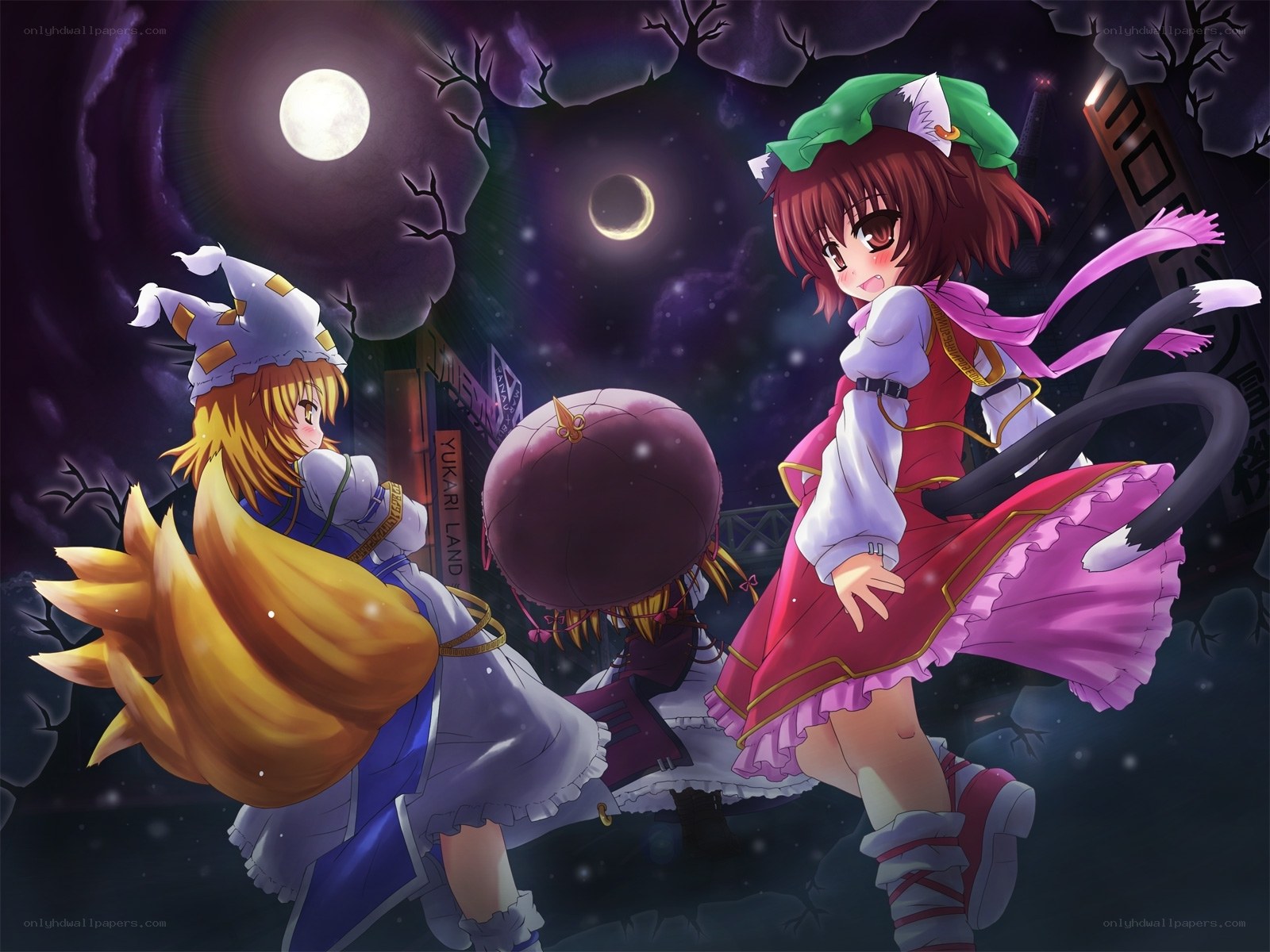 Three girls in a moonlit forest