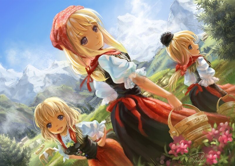 Three girls in a mountain valley