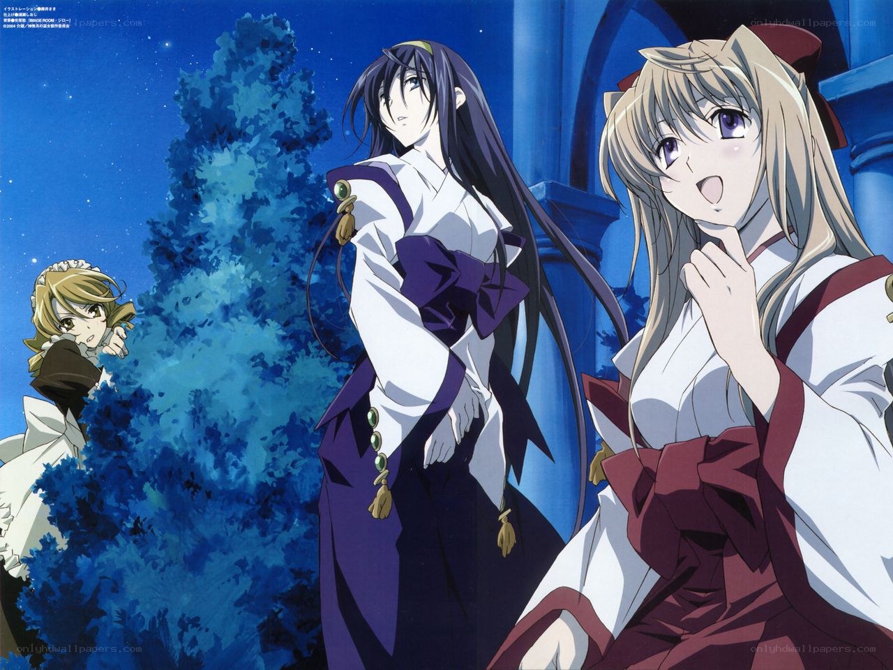 Three girls in a night garden