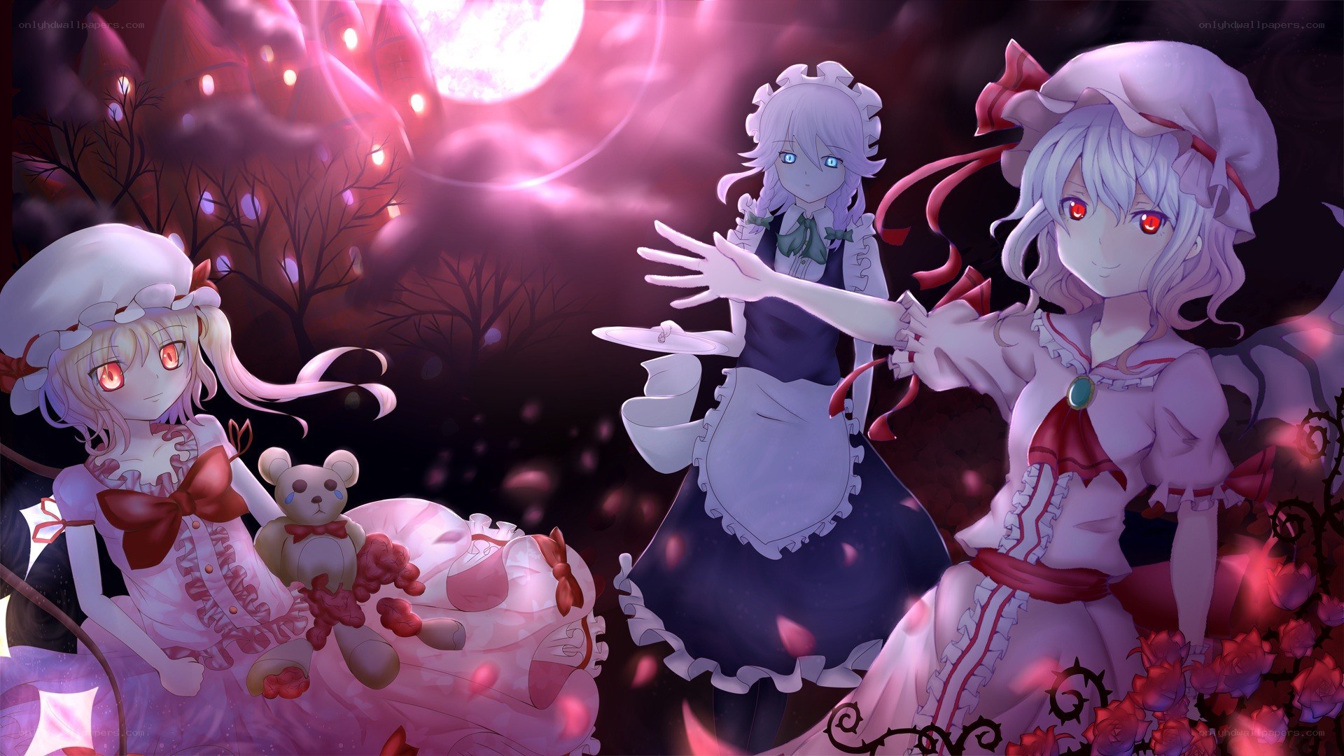 Three girls in a pink forest