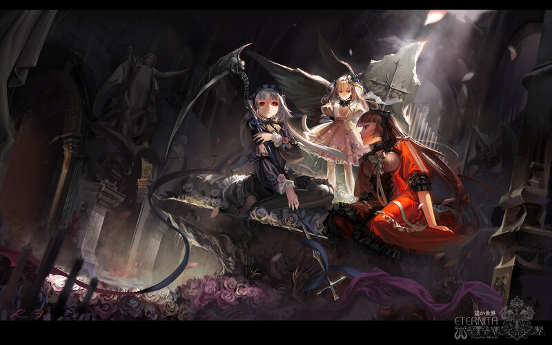 Three girls in a ruined cathedral