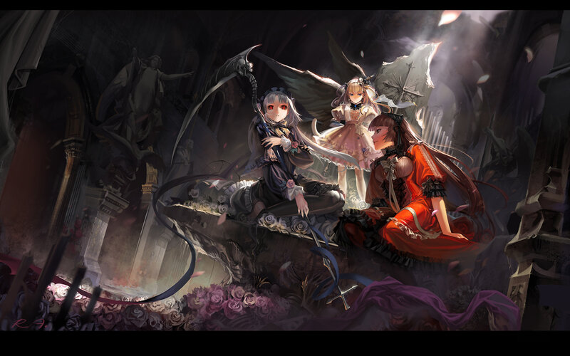 Three girls in a ruined cathedral