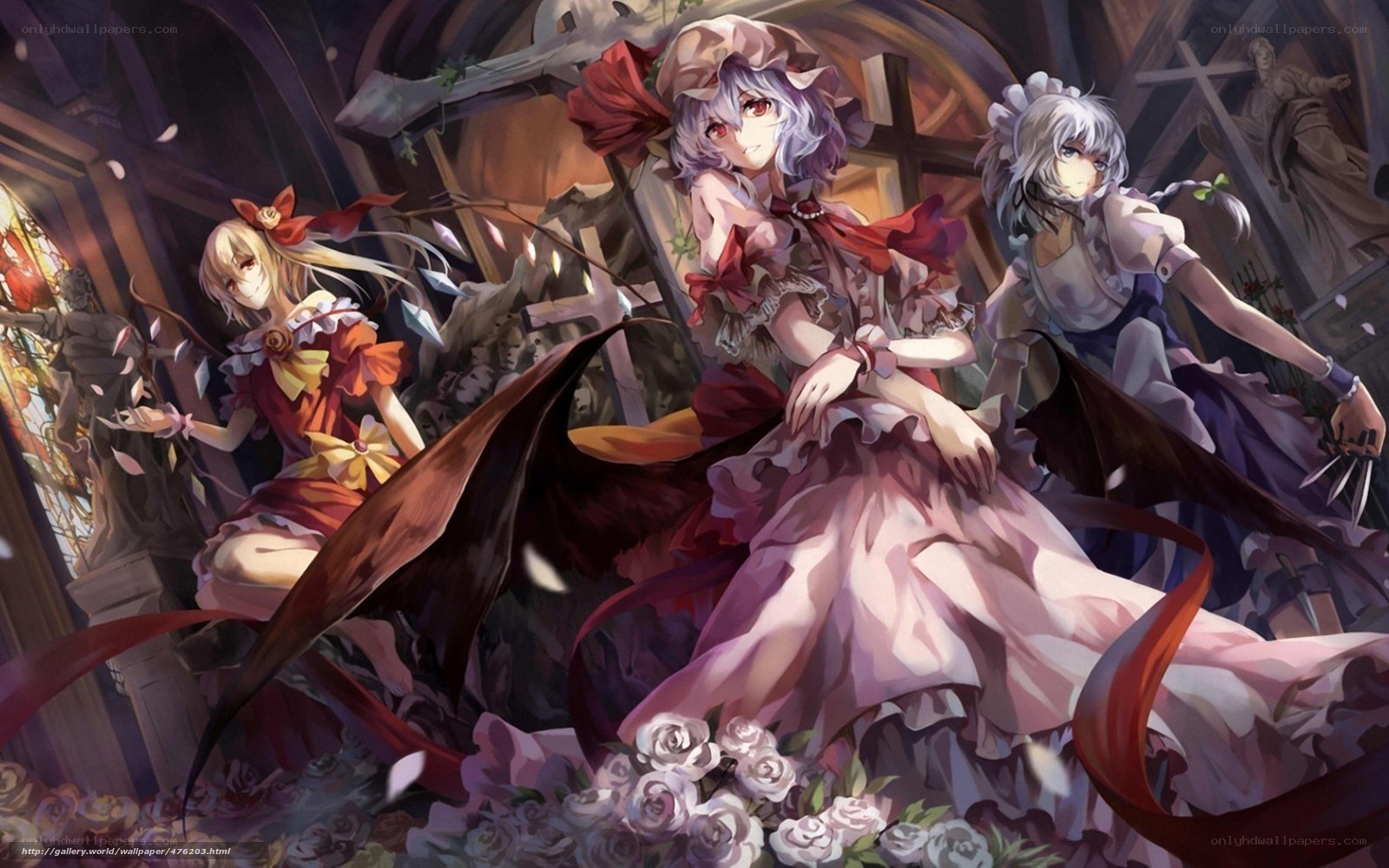 Three girls in a ruined church