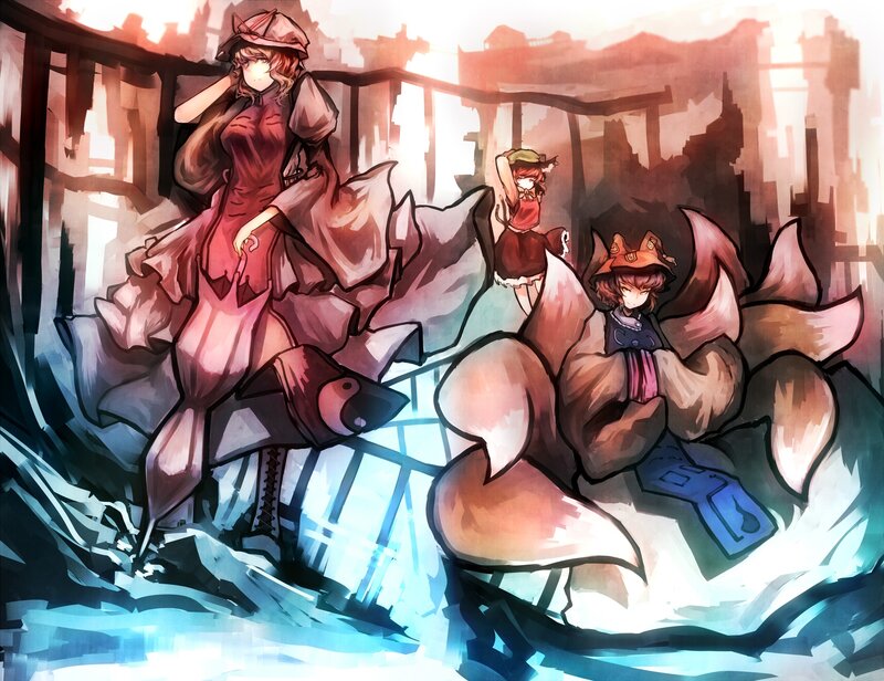 Three girls in a ruined city