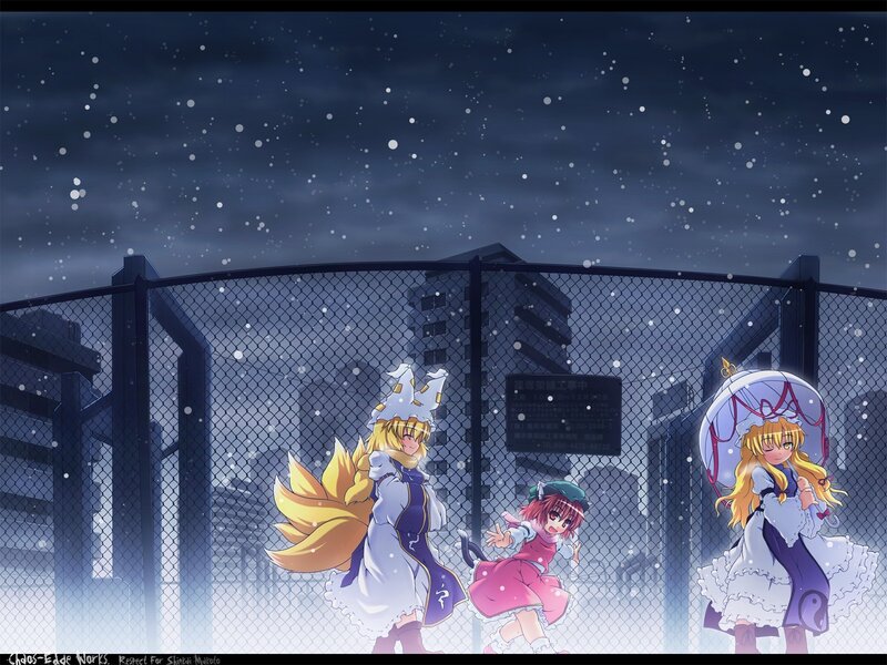 Three girls in a snowy city