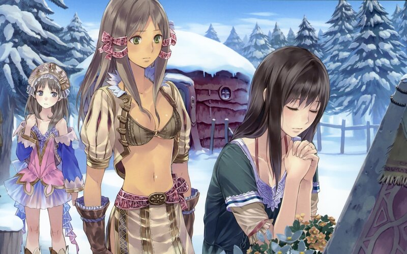 Three girls in a snowy village