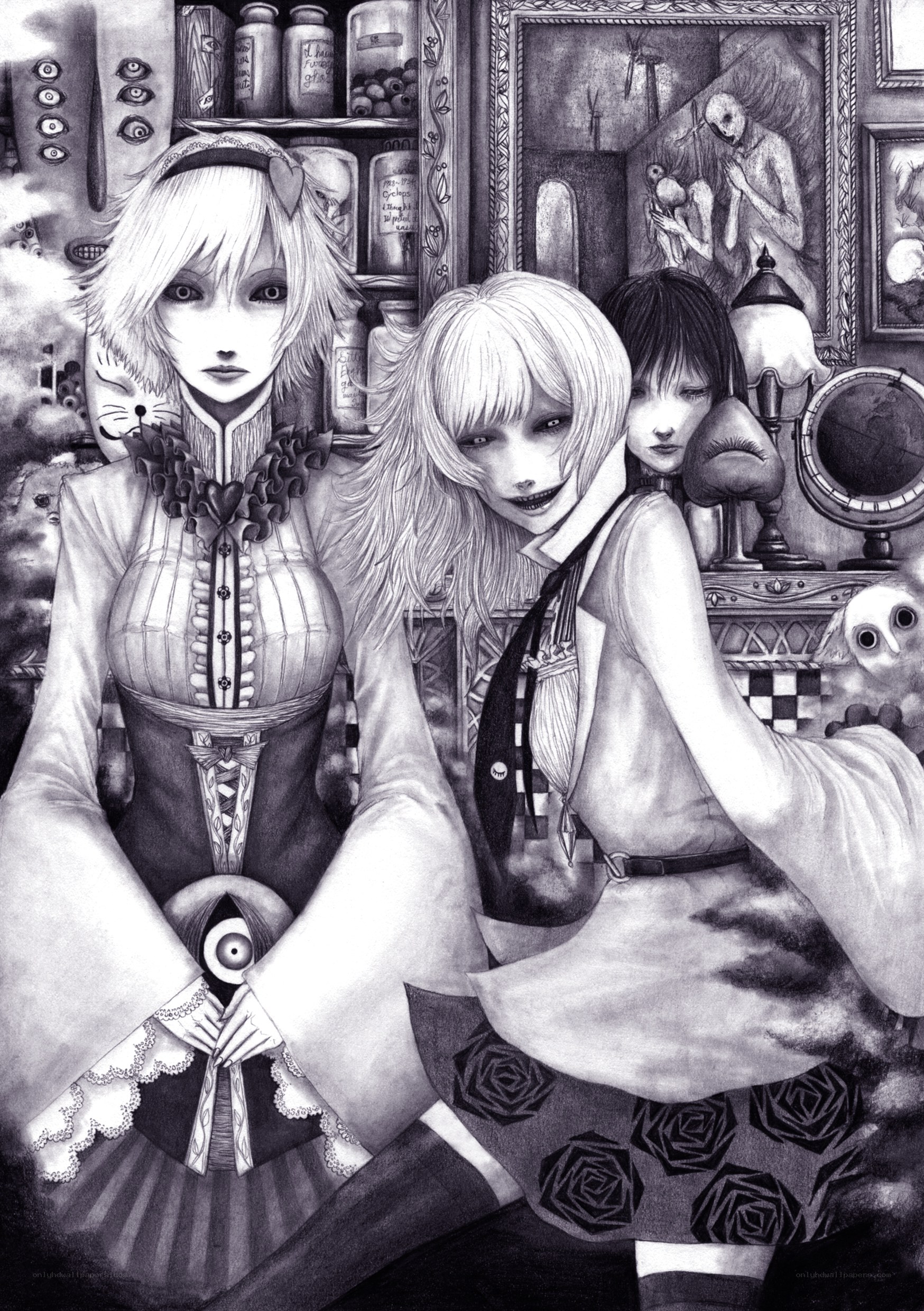 Three girls in a surreal room