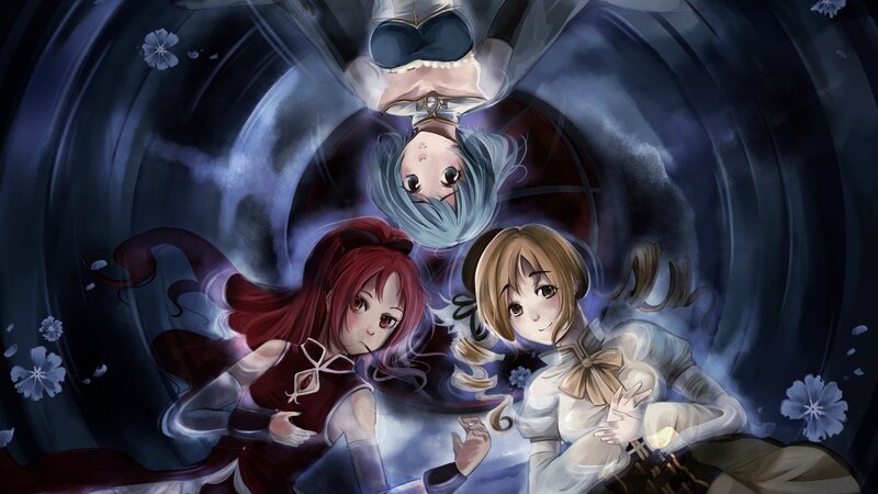 Three girls in a swirling tunnel