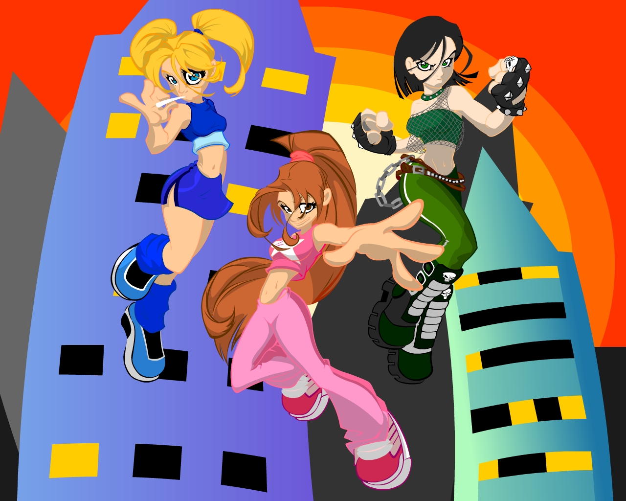 three girls in action pose