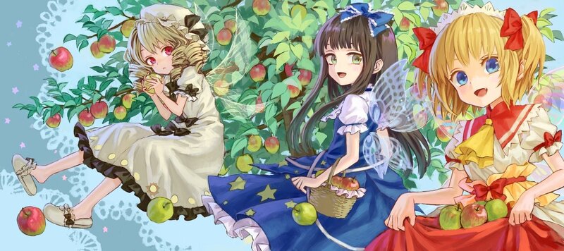 Three girls in an apple orchard
