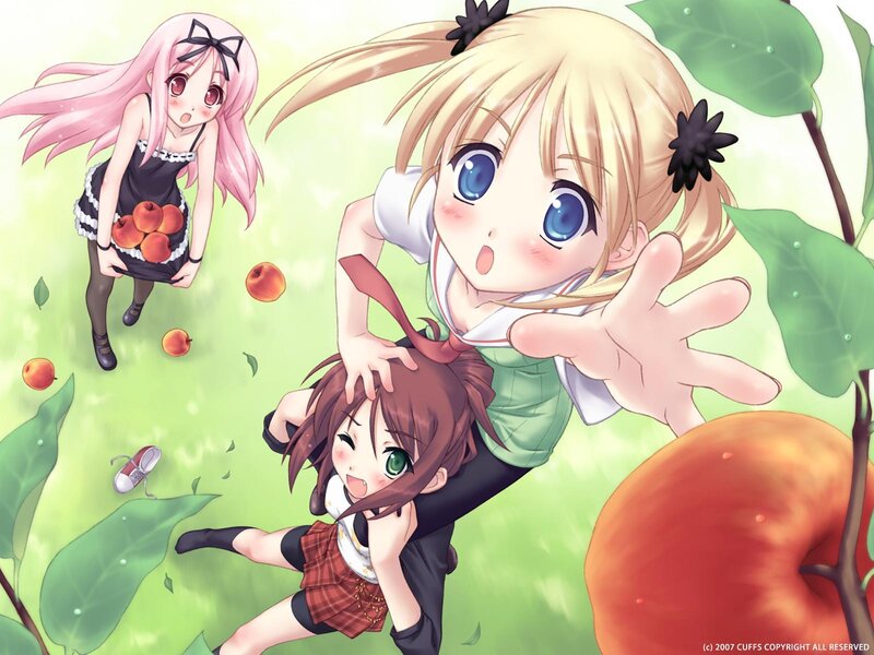 Three girls in an apple orchard