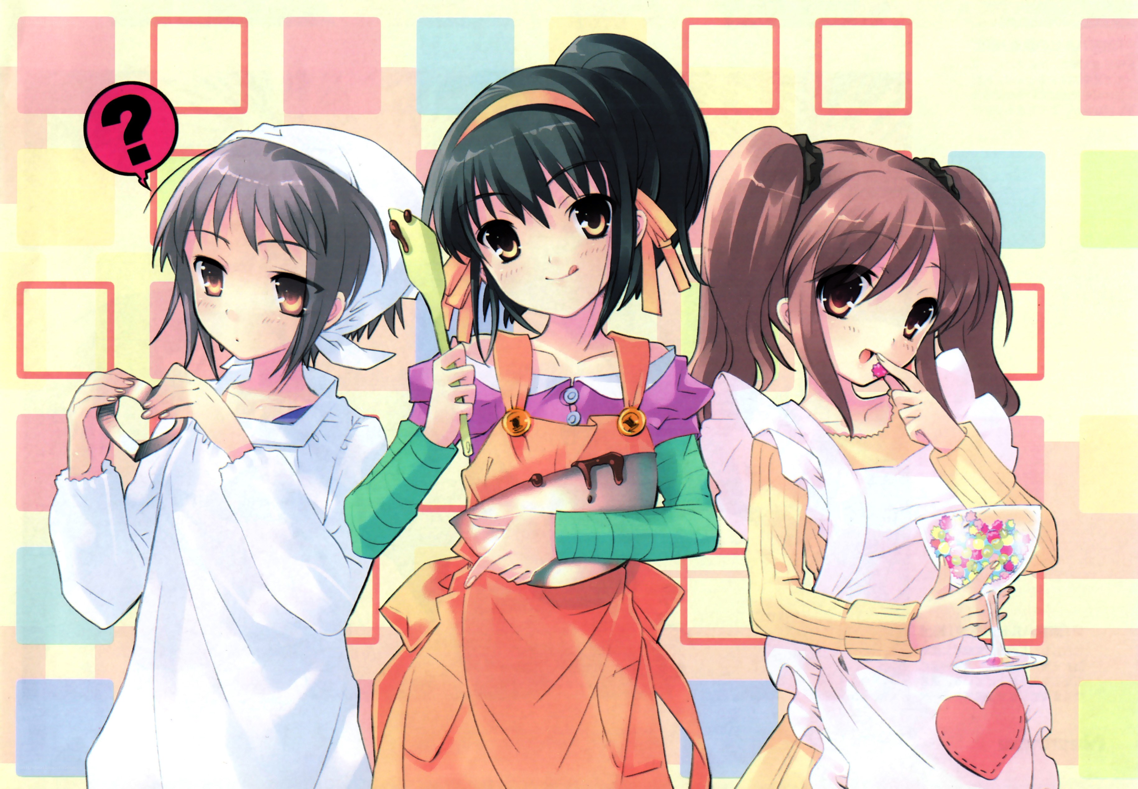 Three girls in aprons