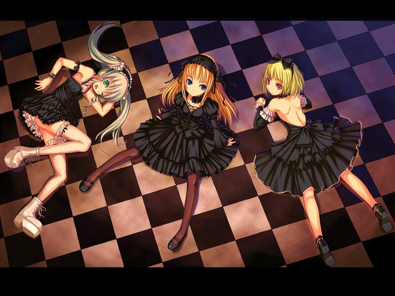 Three Girls in Black Dresses — Dramatic, Anime, Checkered Floor