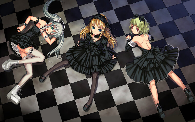 Three Girls in Black Dresses — Dramatic, Anime, Checkered Floor, Tights