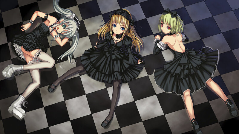 Three girls in black dresses on checkered floor