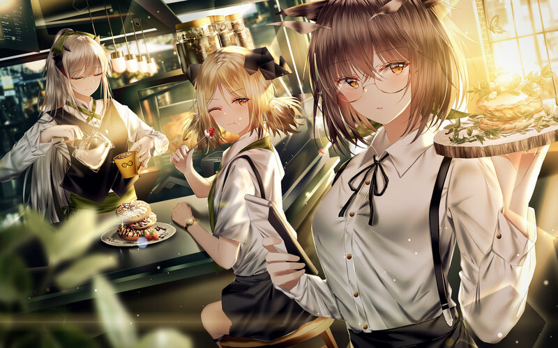 Three Girls in Cafe Uniforms