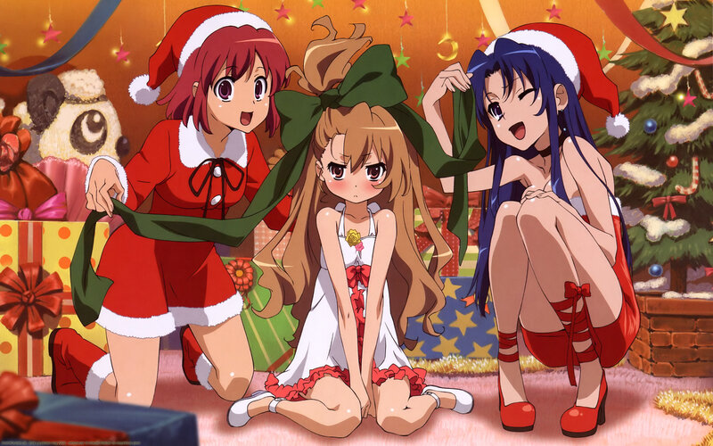 Three Girls in Christmas Outfits — Red, Festive, Winter, Anime