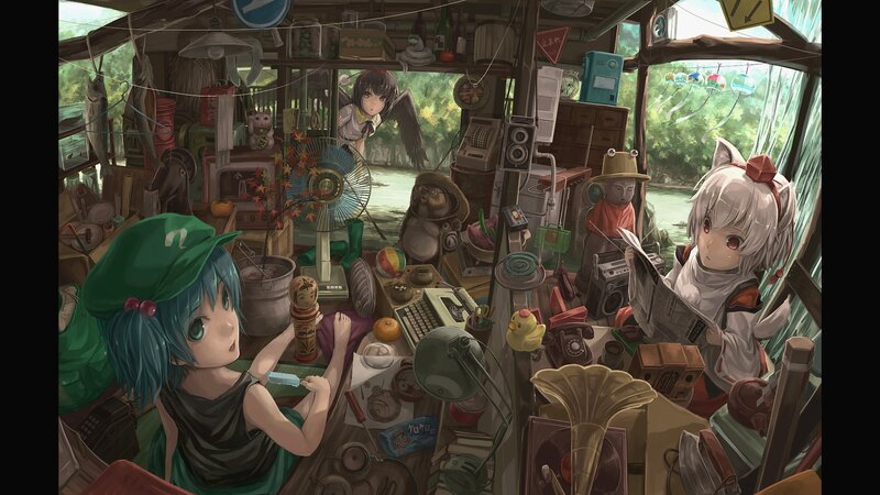 Three Girls in Cluttered Room