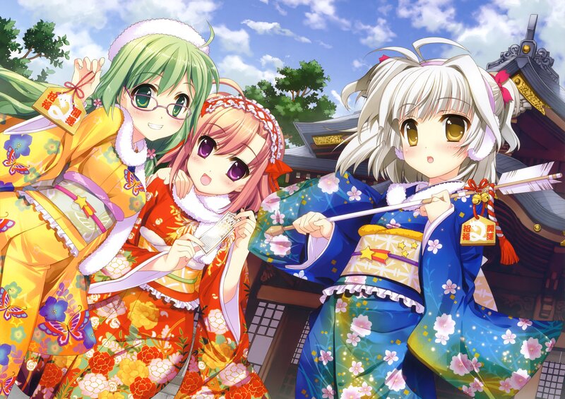 Three girls in colorful kimonos