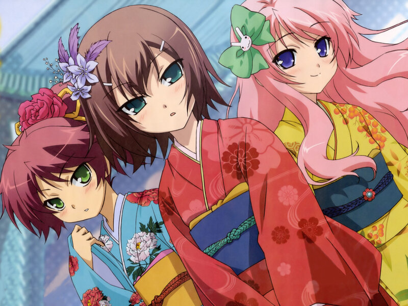 Three girls in colorful kimonos