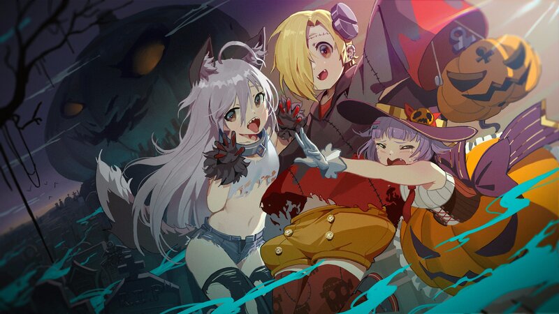 Three Girls in Costumes — Purple, Dramatic