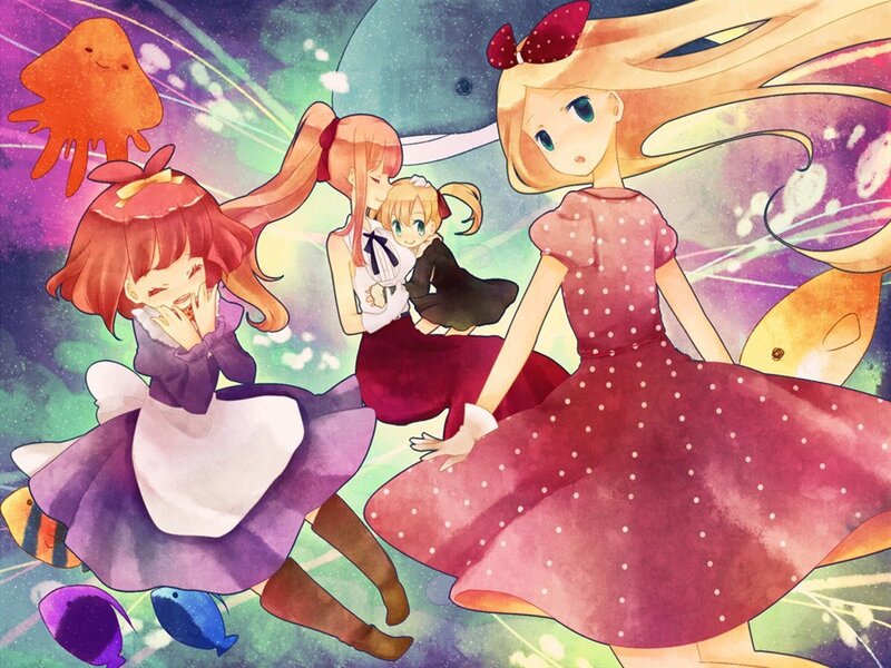 Three Girls in Dresses — Purple, Dreamy, Digital Art