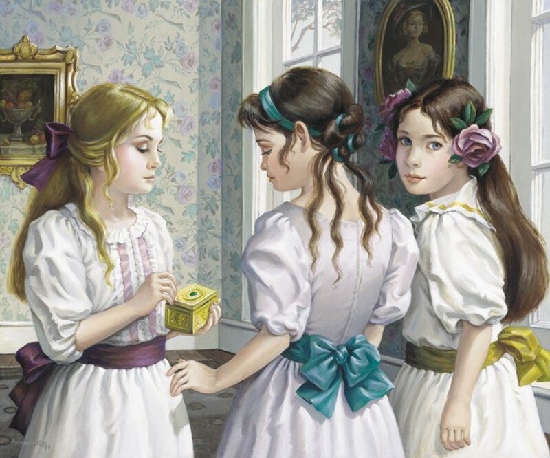 Three Girls in Dresses — White, Calm