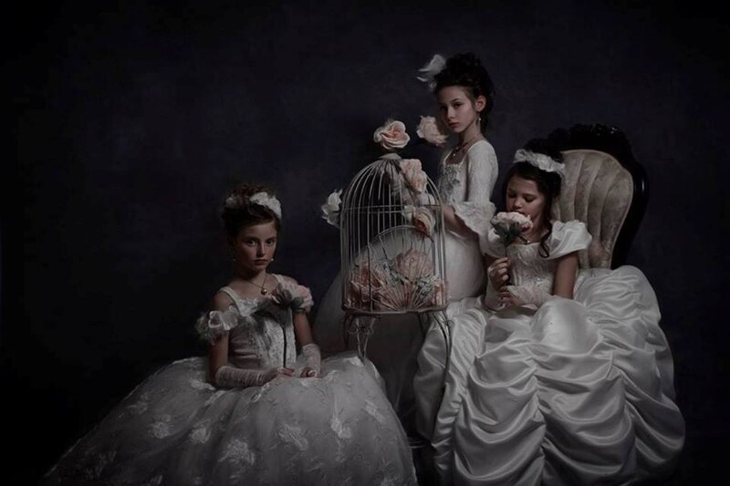 Three Girls in Dresses — White, Dramatic