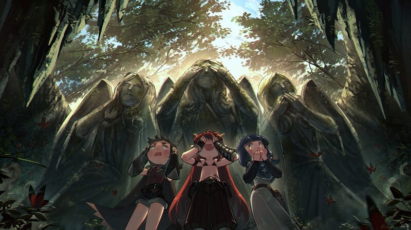 Three Girls in Forest — Green, Dramatic