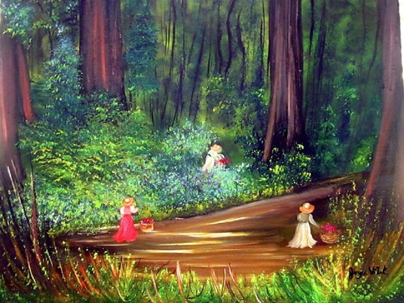 Three Girls in Forest — Green, Serene, Afternoon, Painting