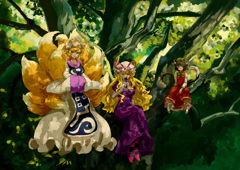 Three Girls in Forest — Green, Serene, Afternoon