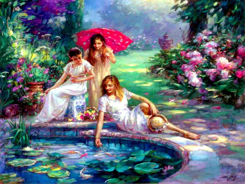 Three Girls in Garden — Green, Serene