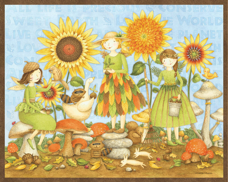 Three Girls in Garden — Green, Whimsical