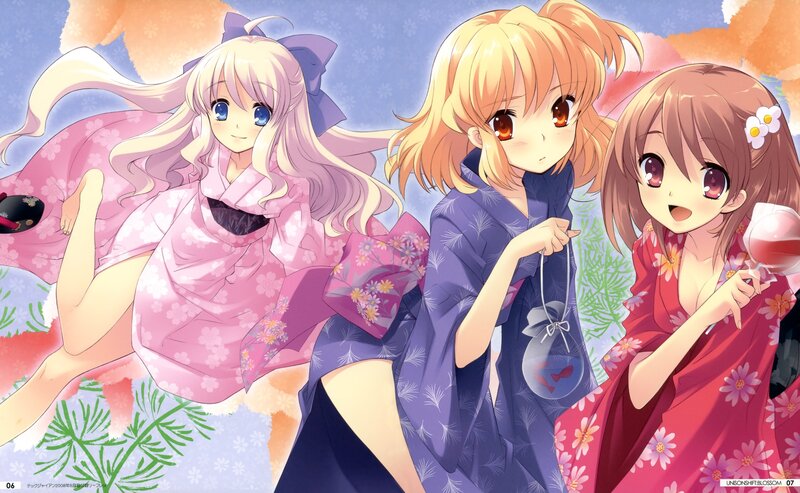 Three girls in kimonos