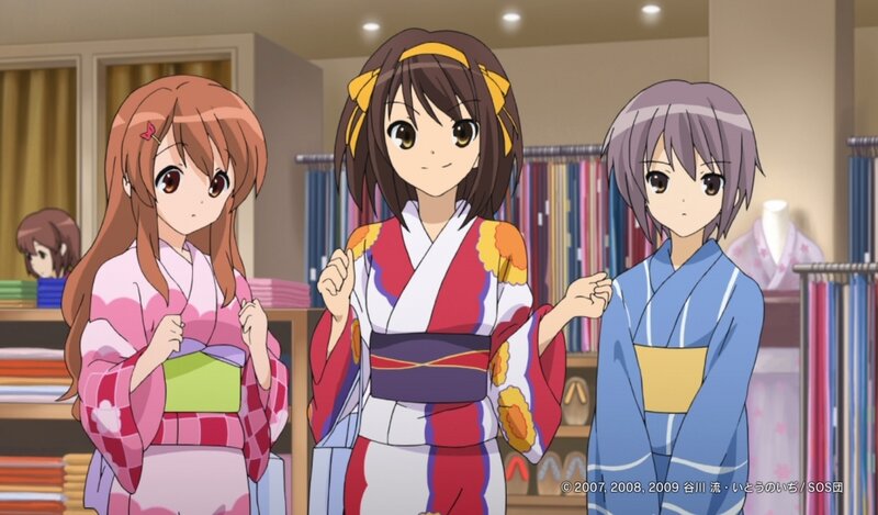 Three girls in kimonos