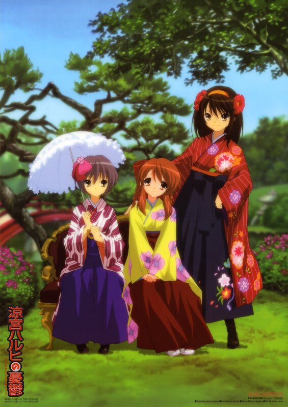 Three girls in kimonos