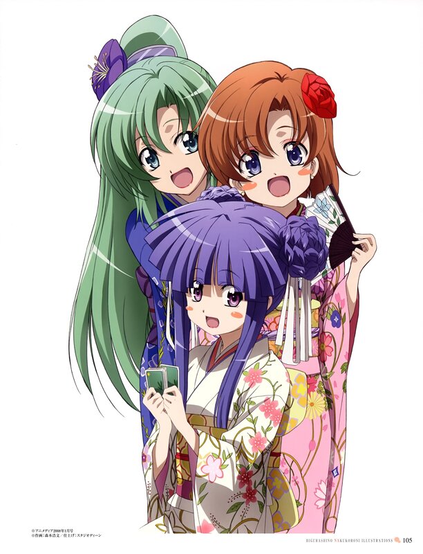 Three girls in kimonos