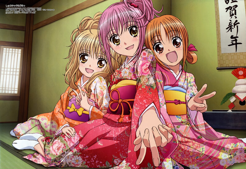 Three girls in kimonos