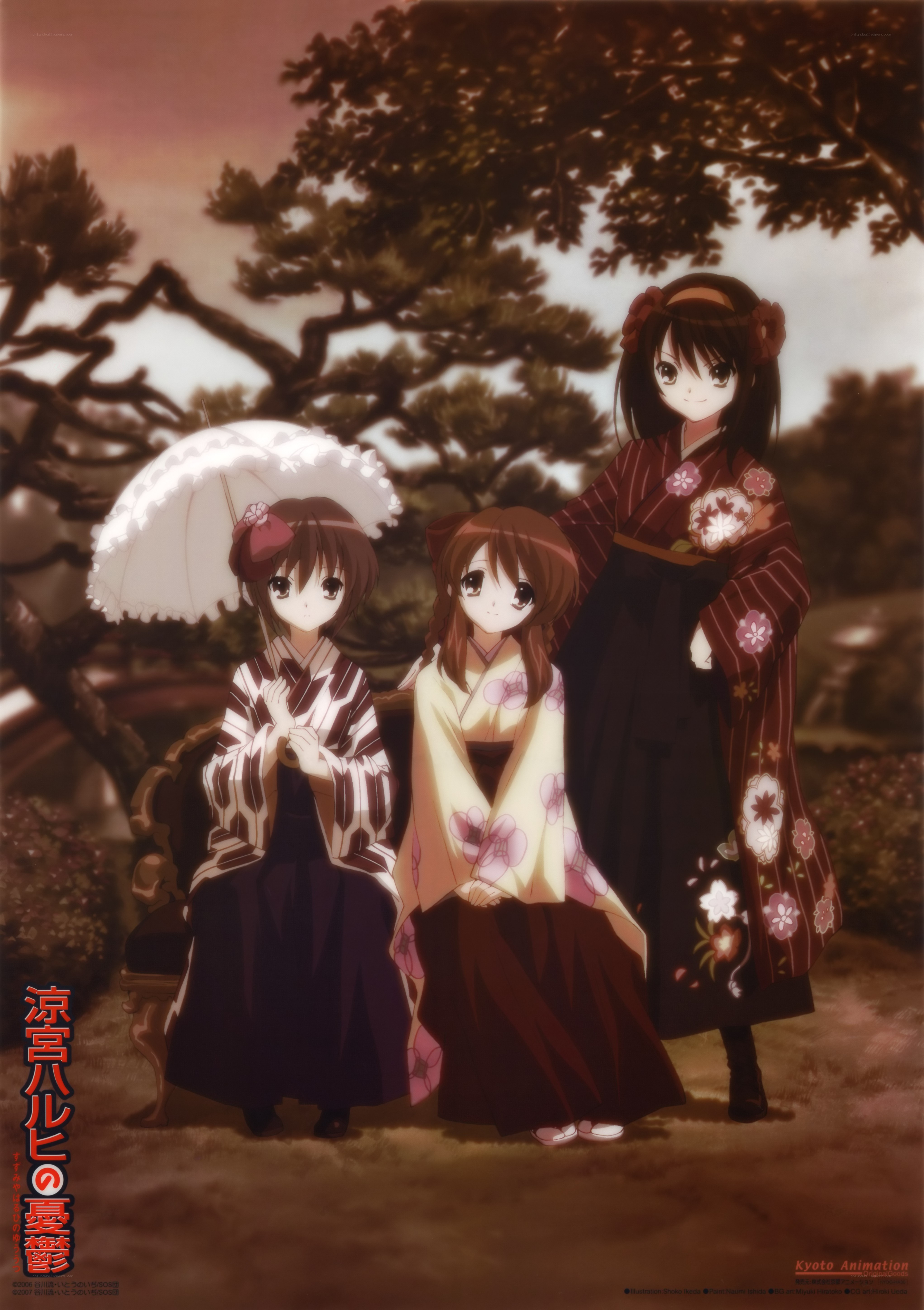 Three girls in kimonos