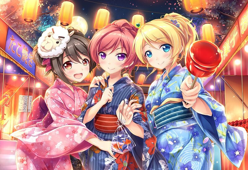 Three Girls in Kimonos — Blue, Festive, Night