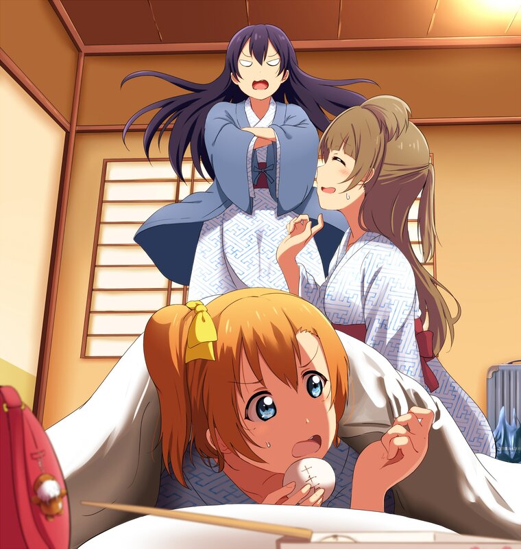 Three Girls in Kimonos — Brown, Playful